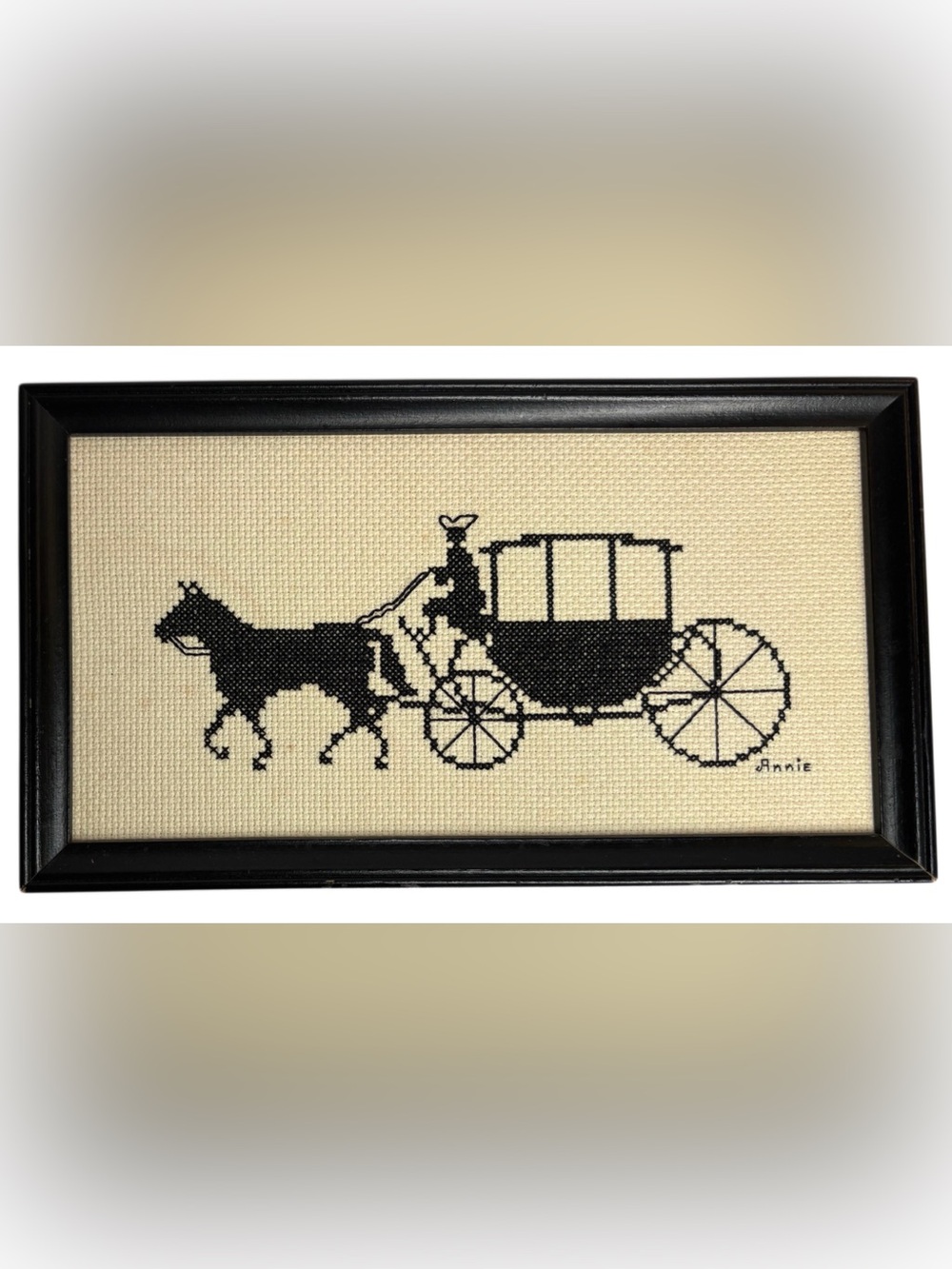 Vintage Handmade Cross Stitch Framed Horse & Carriage Picture